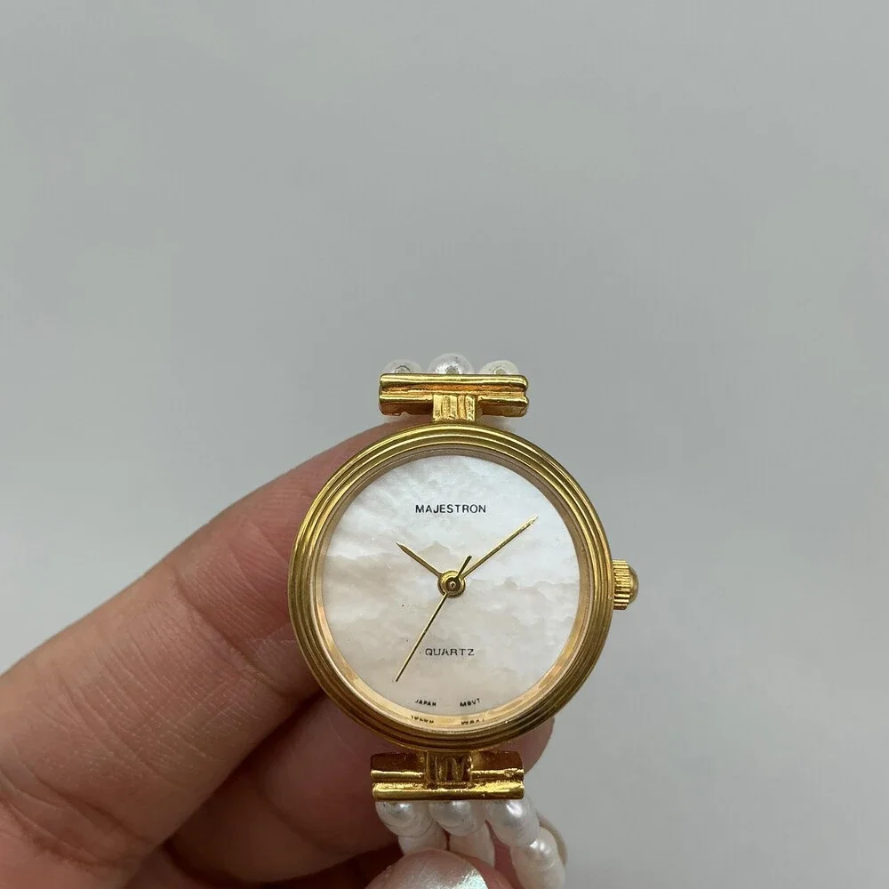 Vintage Majestron Womens Watch 22mm MOP Dial Gold Tone Beaded New Battery 7.5